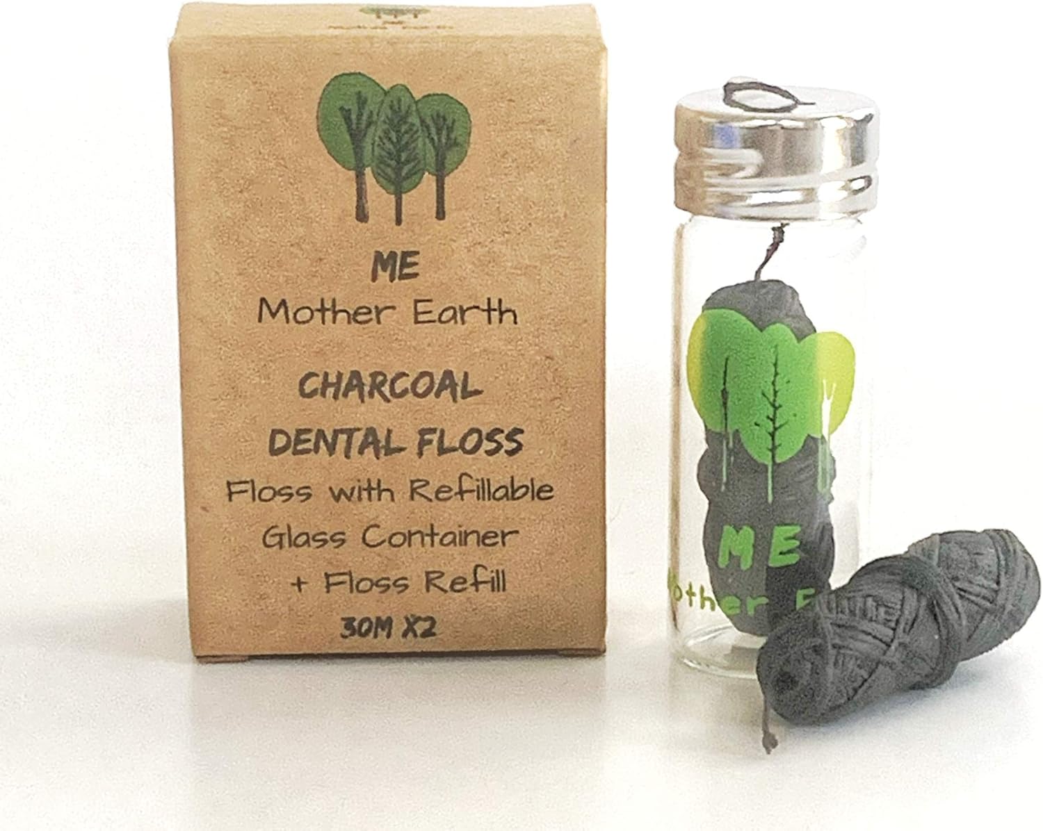 Vegan Biodegradable Bamboo Charcoal Dental Floss with Refillable Glass Container | Free Refill | Natural Candelilla Wax Peppermint Essential Oil | Eco Friendly Zero Waste Oral Care